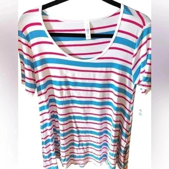 Lularoe XS‎ white , pink, turquoise stripe Perfect T. NWT. Stretchy rayon jersey - Picture 1 of 7
